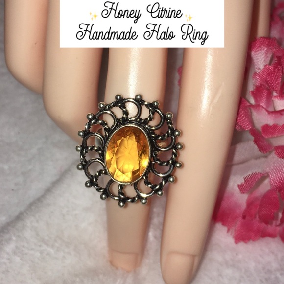 Honey Citrine Gemstone Handmade Rustic Halo Ring - Picture 1 of 4